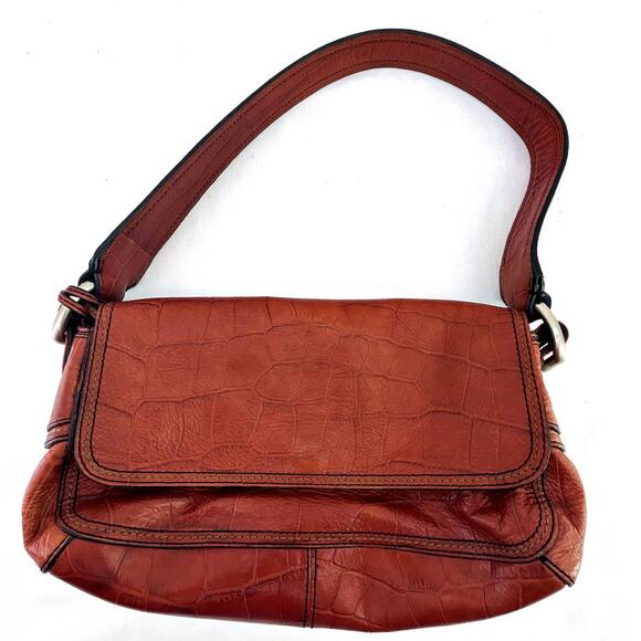 Fossil Burgundy Brown Leather Shoulder Bag Croc Embossed Print 7x11" 75082 - Picture 1 of 5